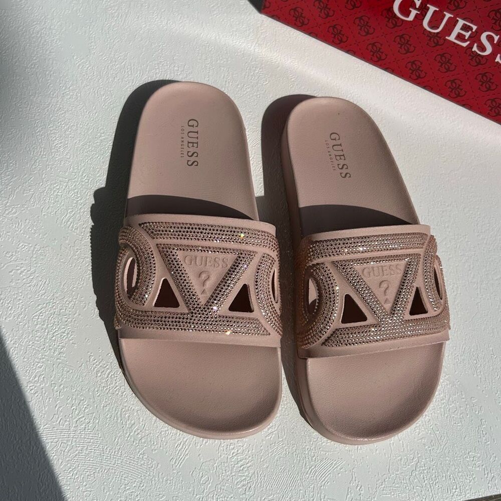 Guess Light Pink Rhinestone Logo Slides Sandals Size 7M with Box